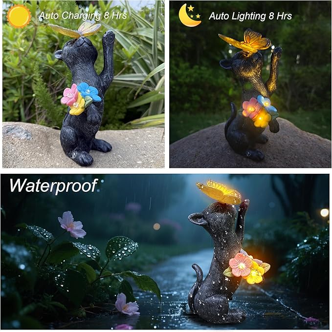 Solar Cat Garden Decoration Outdoor Statues - Cat with Butterfly Flowers Decorative Figurine for Yard Patio Lawn Porch Pathway Landscape Ornament Funny Birthday Gift for Mom Women
