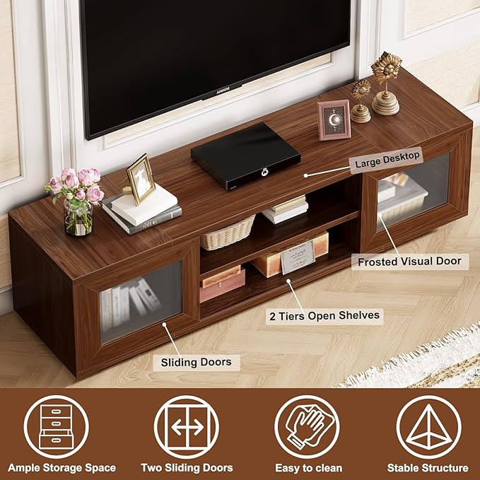 HSH Walnut TV Stand for 60 Inch TVs,Entertainment Center with Storage and Sliding Doors,Farmhouse Tv Stand Wood for Living Room,Low Media Console Cabinet for Bedroom,55 Inch
