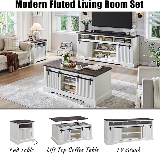 Fluted TV Stand for 75 Inch TVs, 32" Tall Modern Entertainment Center with Waveform Panel Sliding Door, Media Console Cabinet with Storage & Adjustable Shelf for Living Room, 66 inch (White)