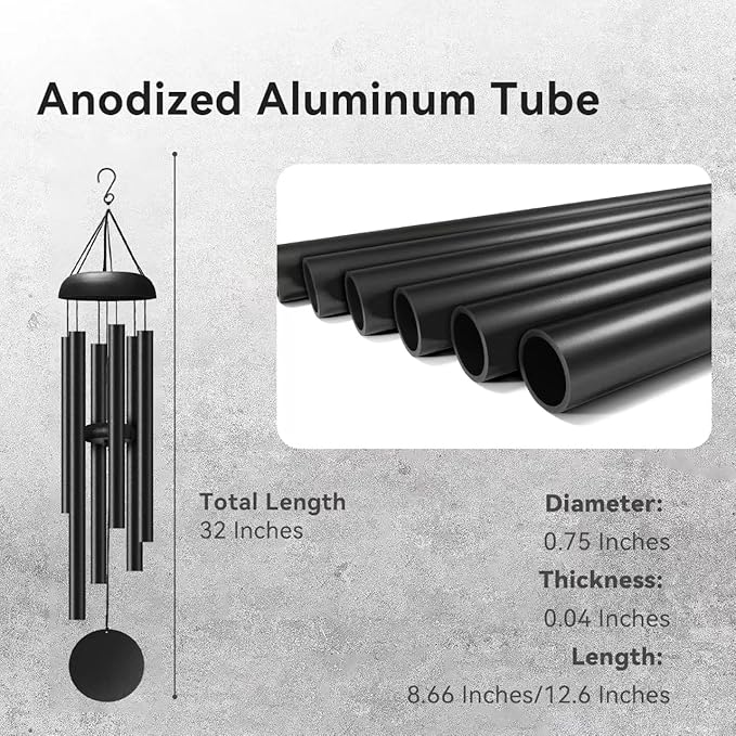 WindChimes Outdoors, 32 Inches Deep Tone Metal WindChimes with 6 Thickened Aluminum Tubes, Wind Chimes for Outside, Memorial Wind Chimes Best Gift for Mom Grandma Women, Black