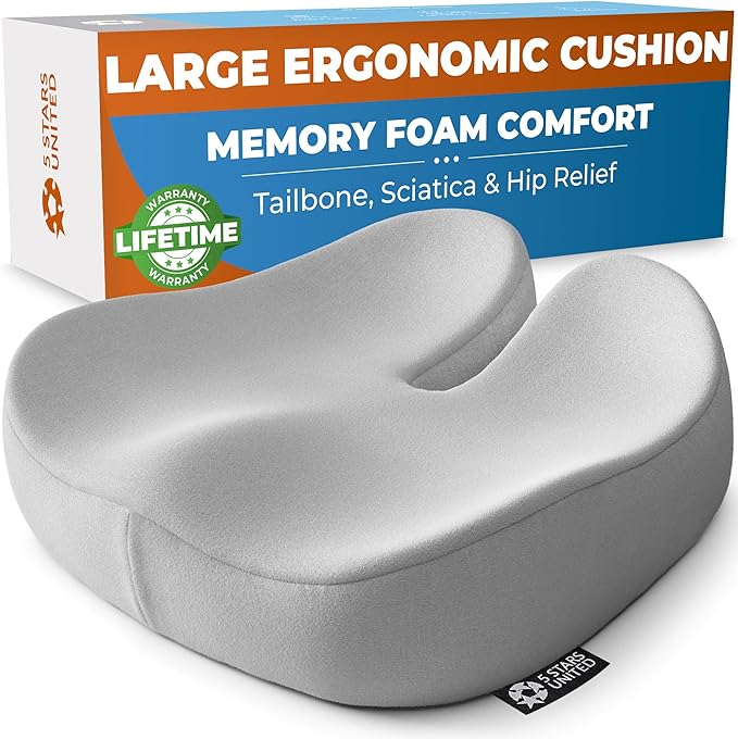 5 STARS UNITED Seat Cushion for Tailbone Pain Relief – Large Memory Foam Cushion for Coccyx, Hip, Sciatica & Post-Surgery Recovery – Wheelchair, Car, Desk, Gaming & Office Chairs, Light Gray