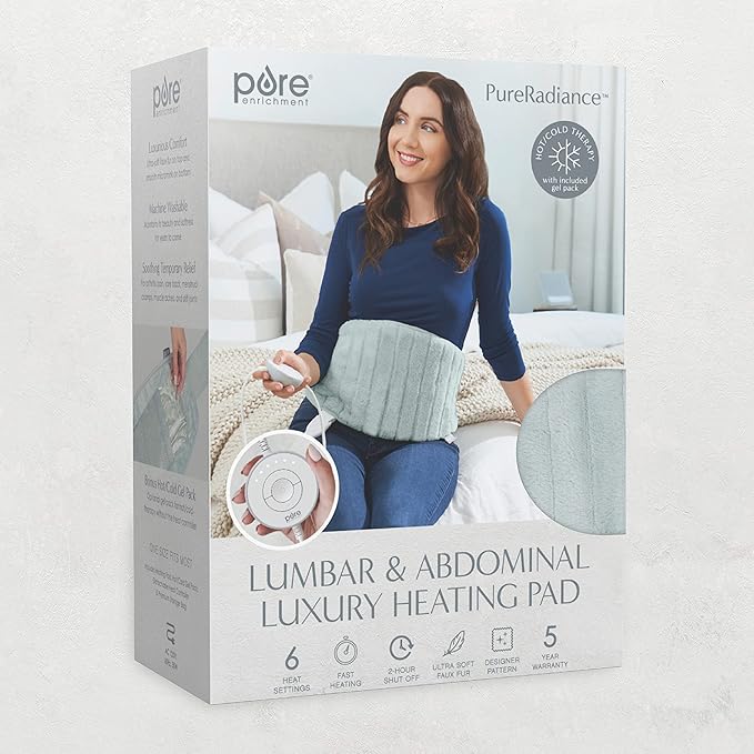 Pure Enrichment® PureRadiance™ Lumbar & Abdominal Luxury Heating Pad for Pain Relief, Patented Design, Soft Faux Fur & Micromink, 6 Heat Settings, Adjustable, Machine Washable, 9.5”x19.7” (Aquamarine)