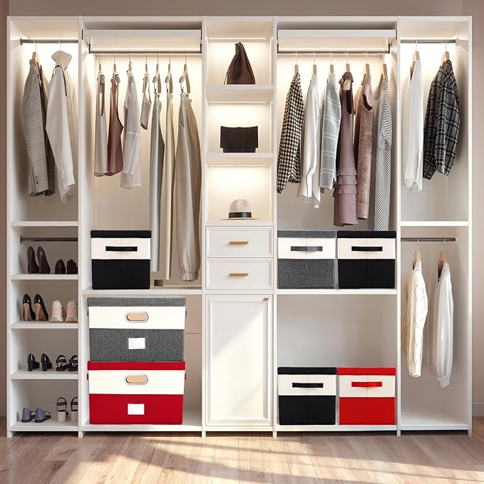 Large Linen Fabric Foldable Storage Bins with Removable Lid and Handles, Washable Storage Box Organizer Containers Baskets Cube with Cover for Bedroom,Closet,Office,Nursery(Black&White, Large)