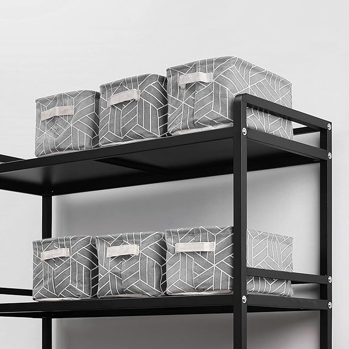 CROWNED 6 Pcs Storage Basket Foldable Cube Fabric Bins Square Mini Box Receive Organizer Rectangle Canvas with Handles for Home Office Books Small 11x8x6.3 inch Grey