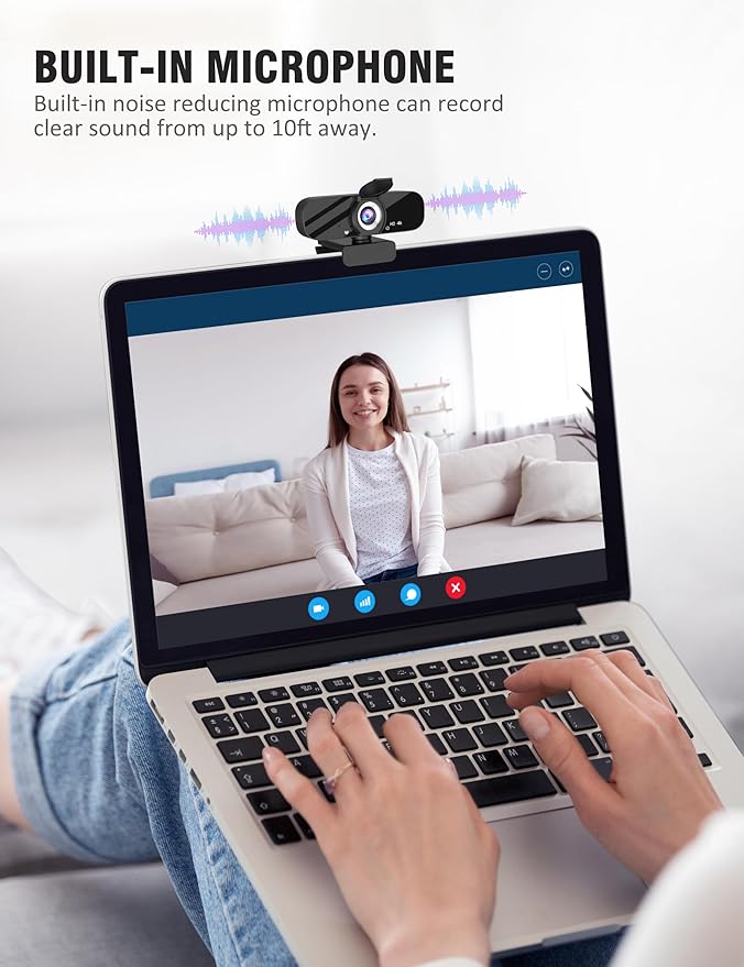Full HD Webcam with Built-in Microphone and Rotatable Tripod, 4K Video and Wide Angle Camera, Privacy Cover, for Desktop PC or Laptop Computer