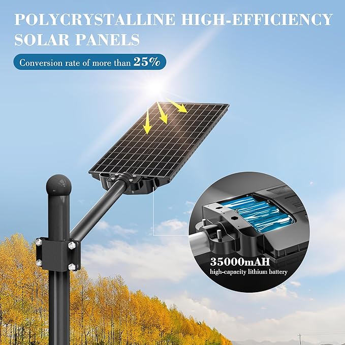 10000W Solar Street Light - 7000K Wide Angle Solar Lights Outdoor with Motion Sensor & Dusk to Dawn, IP66 Waterproof Solar Street Lights Outdoor for Roadway Yard