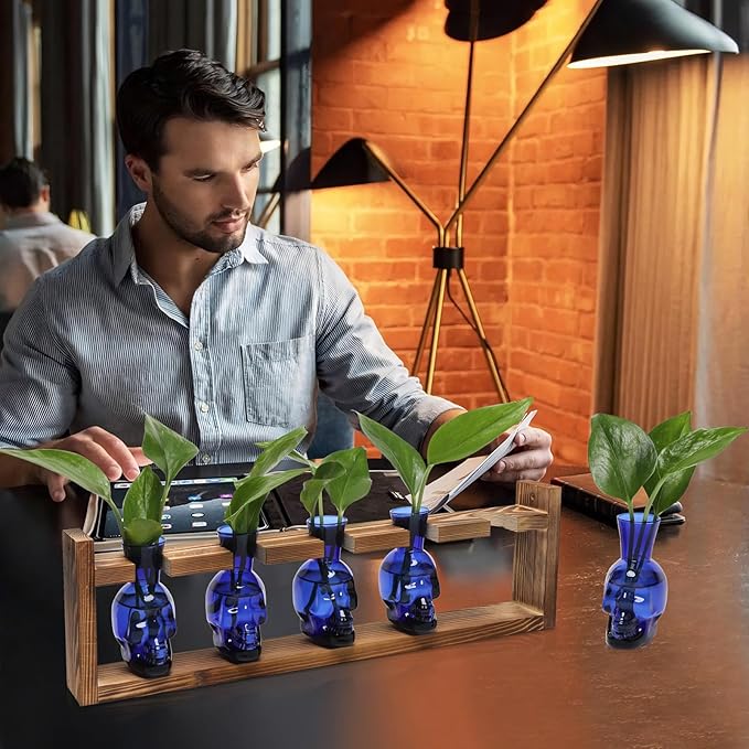 Plant Terrarium Propagation Stations Halloween Skull Planter Vase Skulls Decor with Wooden Stand Gife for Father - 5 Vases