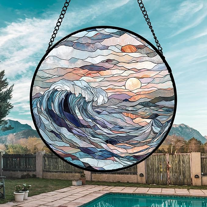 Stained Glass Window Hanging, Sunrise Waves Sun Catchers Diamond Glass Panel Hangings Abstract Suncatcher Decor for Birthday for Women, Men, Wife, Aunt, and Mom 14.9x14.9 in