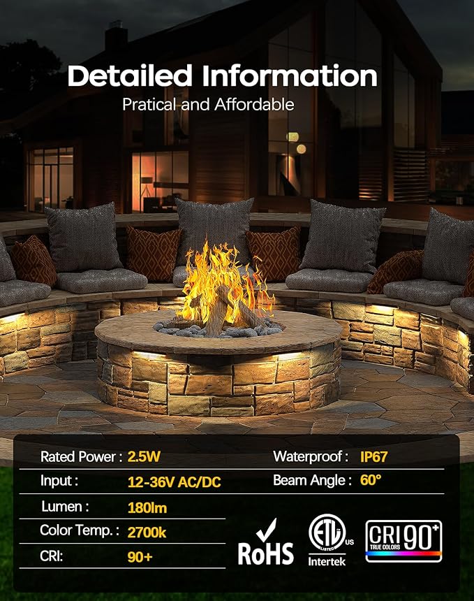 6 Pack 7 Inch Retaining Wall Lights, 2.5W Hardscape Step Lights 12V-36V AC/DC Landscape Lighting, Low Voltage Outdoor Step Lights, IP67 Waterproof Pavers Lights 2700K