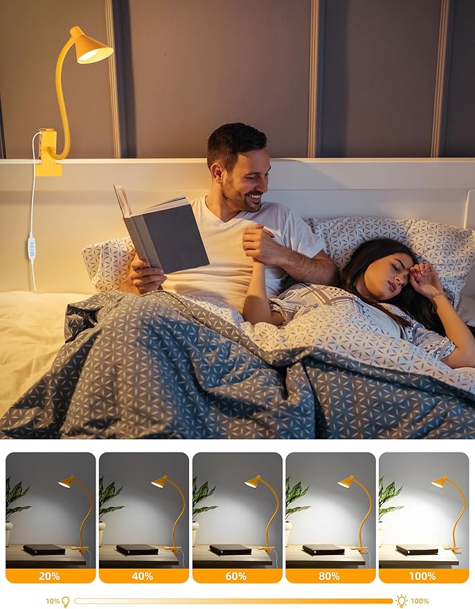 Desk Lamp Clip on Lamp for Bed Headboard LED Reading Light for Bed, 3 Colors 10 Dimmable Brightness, Book Light for Reading in Bed Flexible Neck Clip on Light Clamp Lamp for Bed Desk(Yellow)