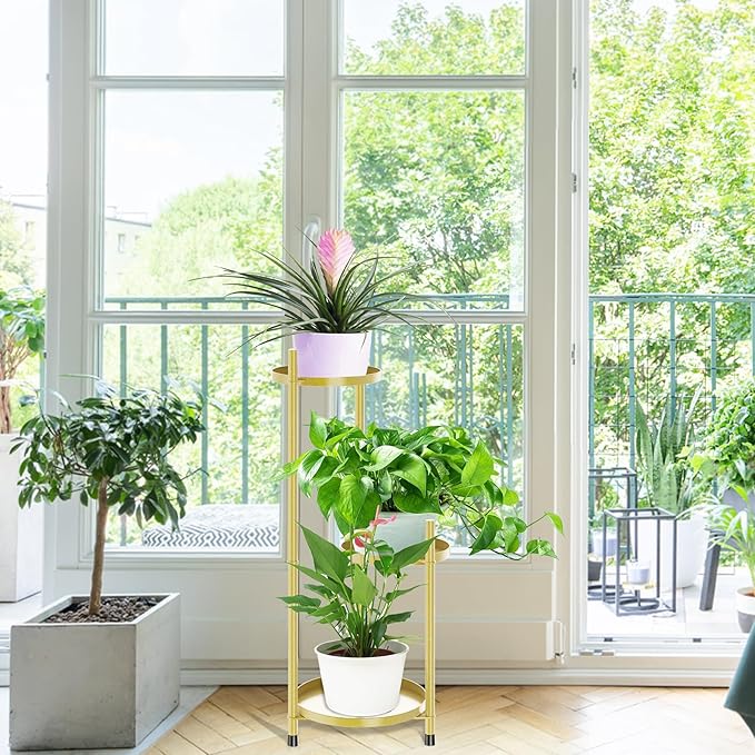 Metal Plant Stands Outdoor, 3 Tier Corner Plant Stands for Indoor Plants Tall, Golden Flower Pot Display Stand Plant Shelf for Patio Clearance Garden Balcony Living Room Gardening