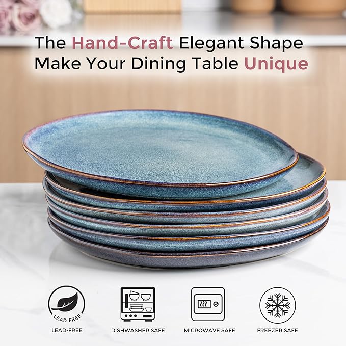 AmorArc Ceramic Dinner Plates Set of 6, 10.5 Inch Handmade Reactive Glaze Stoneware Plates, Rustic Shape Dinnerware Dish Set for Kitchen, Microwave & Dishwasher Safe, Scratch Resistant