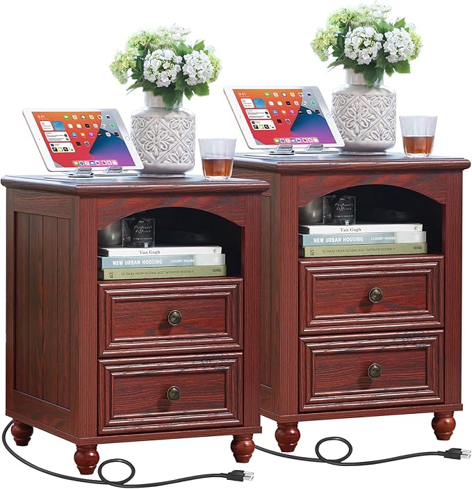 18" Farmhouse Night Stand Set of 2 with Charging Station, Wood Nightstand with 2 Drawers, Bedside End Table with Shelf Storage, Bed Side Tables for Bedroom, Living Room, and Closet