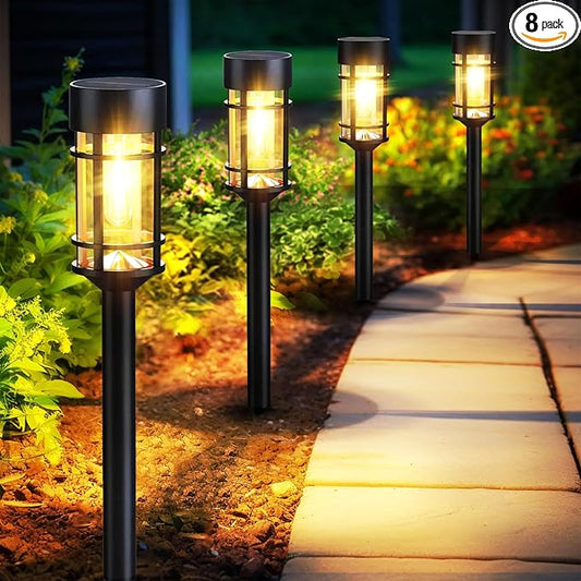 Solar Pathway Lights, 8 Pack LED Solar Lights Outdoor Waterproof, Glass Metal Garden Lighting for Yard Path Landscape Lawn Walkway Driveway, 3000K