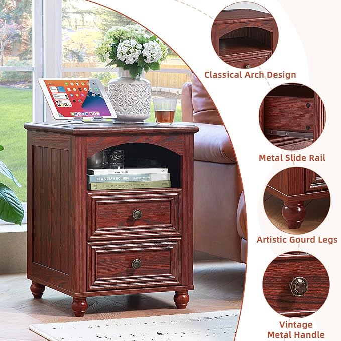 18" Farmhouse Night Stand with Charging Station, Wood Nightstand with 2 Drawers, Rustic Bedside End Table with Shelf Storage, Bed Side Tables Cabinet for Bedroom, Living Room, and Closet