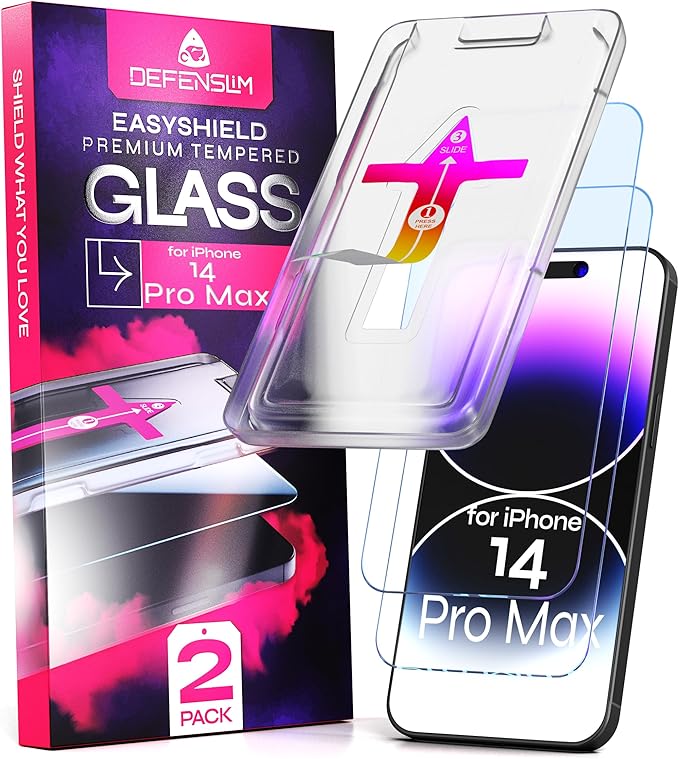 Defenslim Screen Protector for iPhone 14 Pro Max (2Pack), Easy Auto-Align Install Kit, 6.7" Tempered Glass, 9H Hardness, Ultra HD Clear, Case Friendly, EasyShield