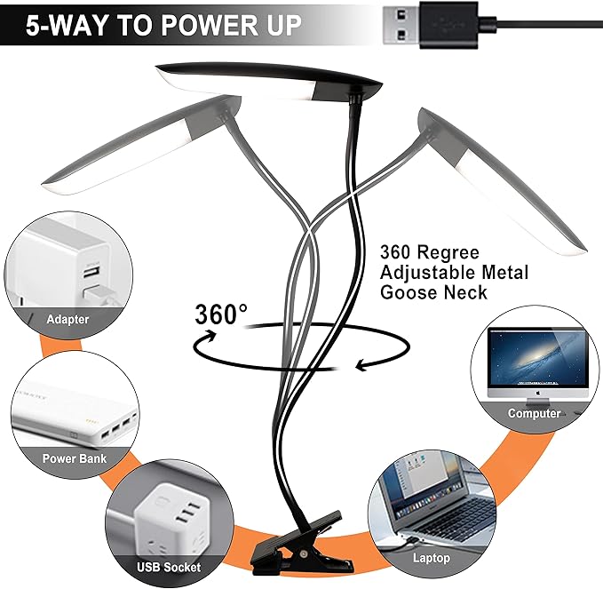 Clip on Lamp USB Reading Light 3 Color Modes 3000-6000K and 10 Brightness 8W 40 LED Flexible Gooseneck Desk Light Clip on Lamp for Desk Eye Caring Bed Lamp for Headboard (No Plug)