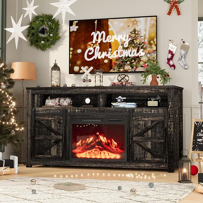 Farmhouse Fireplace TV Stand for TVs up to 70'', Entertainment Center with Storage Cabinet and Shelves, Media Console with Electric Fireplace for Living Room, Dark Rustic Oak