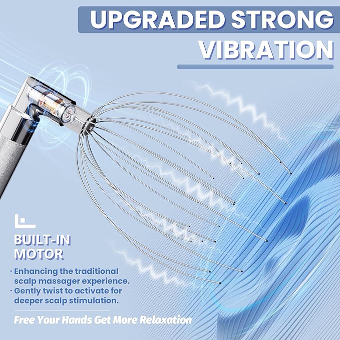 Head Massager Scalp – Electric Scalp Massagers with L-Handle, Waterproof Head Scratchers & Hair Massage Tool with 20 Metal Fingers for Stress Relief, Stocking Stuffers Gift for Women & Men