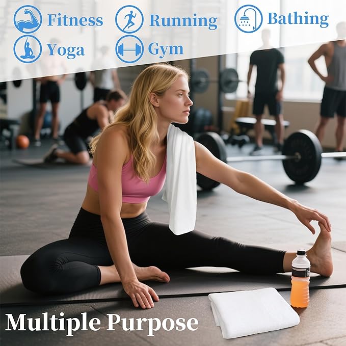 White Workout Towels for Gym (2PC, 16"x43") - 100% Cotton, Breathable, Soft & Absorb - Sweat Towel for Men & Women, Sports Hand Towel for Yoga, Shower, Tennis, Running, Exercise & Fitness