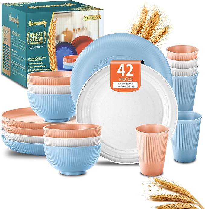 Hommaly Wheat Straw Dinnerware Sets,42-Piece Plates and Bowls Sets for 6-Unbreakable,Reusable Plastic Dish Set-Dinner Plate/Cereal Bowl/Cup/Utensils-Microwavable Dishwasher Safe 42P-Oecan Coral
