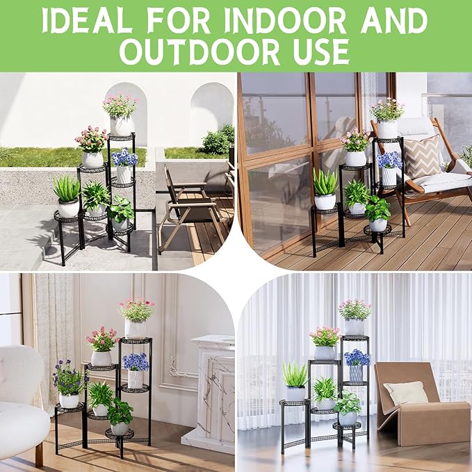 6-Tier Metal Plant Stand Indoor Outdoor - Corner Tall Plant Shelf for Multiple Plants, Foldable Heavy Duty Plant Holder - Decoration flower Stand for House Living Room Balcony Garden Patio - Black