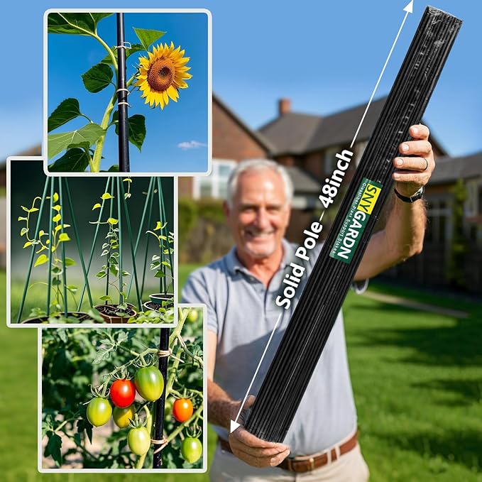 Garden Stakes 48 inch 20 Pack 0.27" Dia Solid Glassfiber Plant Support Rod Tomato Trellis Stakes (Black)