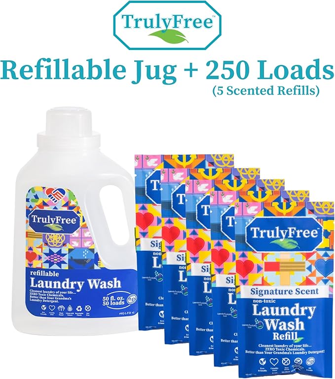 Natural Laundry Detergent for Sensitive Skin | Eco Friendly, Plant Based, Baby Clothes Safe | Clean & Easy Powder to Liquid, 5 Pack Detergent + 1 Refillable Jug | Signature Scent 250 Loads