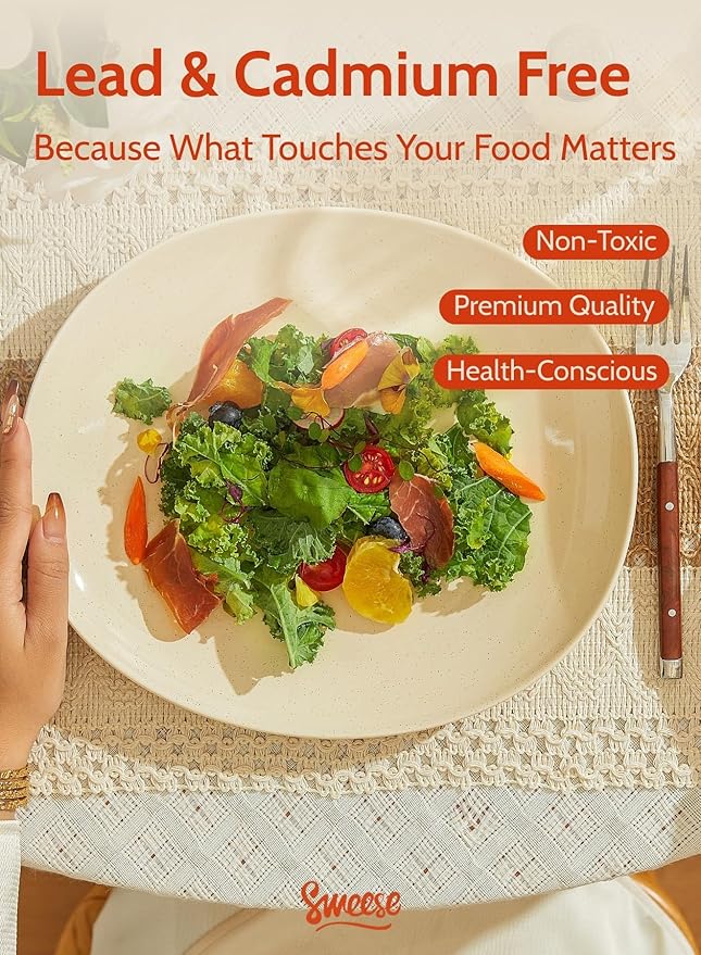 Sweese 11 Inch Porcelain Dinner Plates, Set of 6 - Beige, Vitrified China, Curve Collection, Dishwasher Microwave Safe