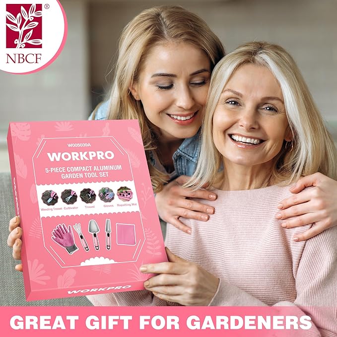 WORKPRO 5PCS Garden Tool Set, Powder Coating Compact Aluminum Gardening Tool Set with Repotting Mat, Outdoor Garden Hand Tools, Ideal Gardening Gift, Pink