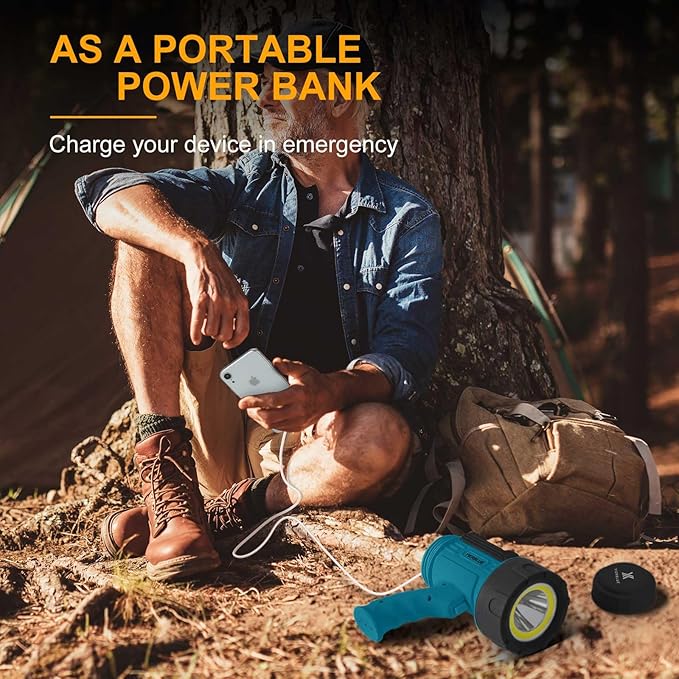 YIERBLUE Rechargeable Spotlight Floodlight Combo High High Lumen LED, IP67 Waterproof Spot Light COB Flood Light, Impact Resistant Handheld Spotlight with Foldable Stand and Detachable Red Lens