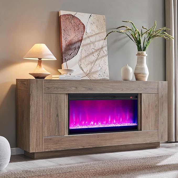 OKD Modern 70" Fireplace TV Stand with 36" Electric Fireplace, Entertainment Center for TVs Up to 80", Media Console with Side Cabinets, Thick Wood Design for Living Room, Alder Grey