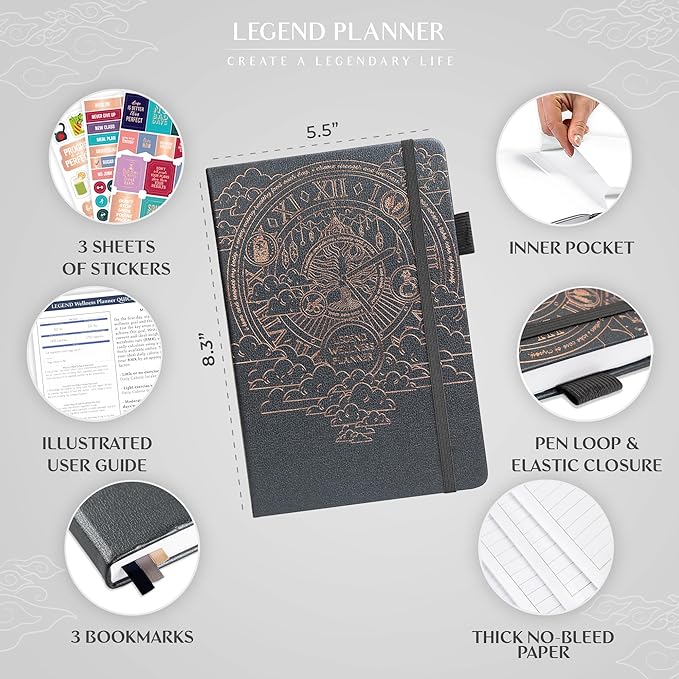Legend Wellness Planner & Food Journal – Daily Diet & Health Journal with Weight Loss, Measurement & Exercise Trackers – Lifestyle & Nutrition Diary – Lasts 6 Months, A5 size – Mystic Gray