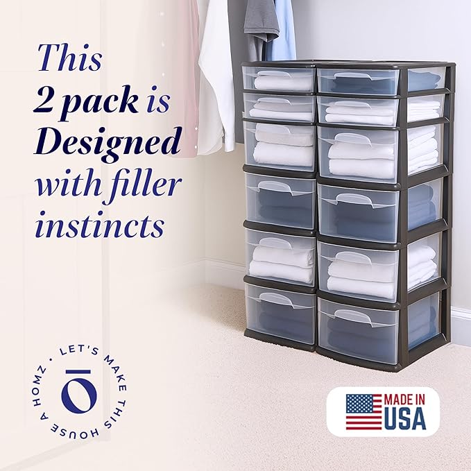 HOMZ 2-Pack Drawer Tower, 6-Tier Clear Plastic Storage Organizer Cart, Black Frame - Organizing Containers for Home, Office, Bathroom, Bedroom, and Classroom