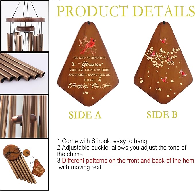Memorial Sympathy Wind Chimes for Loss of Loved One 32'', Cardinal Wind Chimes in Memory of a Loved One, Cardinal Memorial Gifts, Bereavement Condolence Gifts,Wooden
