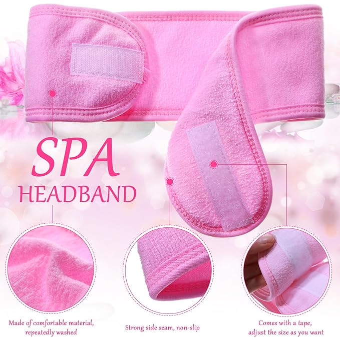 Hoteam 30 Pack Spa Headband Facial Esthetician Hair Wrap for Women Adjustable Makeup Sports Shower Stretch Towel with Tape(Pink)