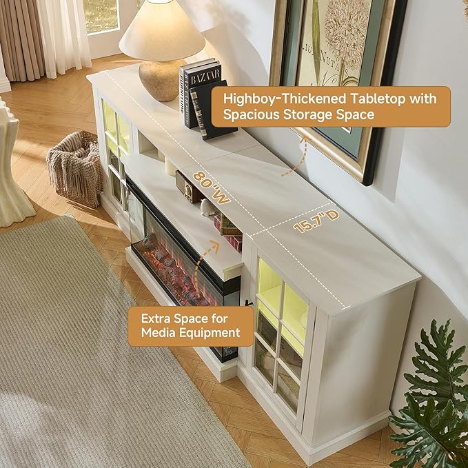 ROCKPOINT 3 Sided Glass 80" Fireplace TV Stand for TVs up to 90inch, Media Entertainment Center with Glass Door Storage Cabinet,36" Electric Fireplace with LED Light and Flame Colors, White