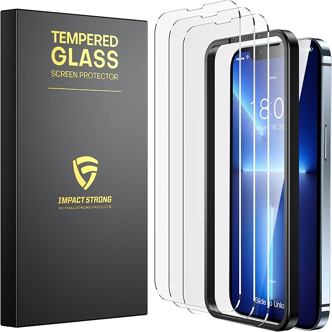 ImpactStrong Shatterproof Tempered Glass Screen Protector for iPhone 13 Pro Max [Easy Installation Frame] [Bubble Free] [9H Hardness] [Full Coverage] Case Friendly, 6.7 Inch - (3-Pack)