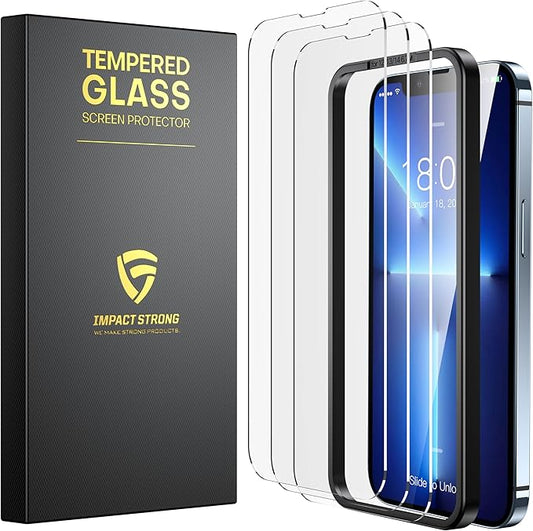 ImpactStrong Shatterproof Tempered Glass Screen Protector for iPhone 13 Pro Max [Easy Installation Frame] [Bubble Free] [9H Hardness] [Full Coverage] Case Friendly, 6.7 Inch - (3-Pack)