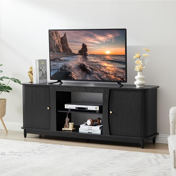 TV Stand, Fluted Media Console Table with Storage and Sliding Door, Farmhouse Entertainment Center for Living Room, Home Office (Black-No Fireplace)