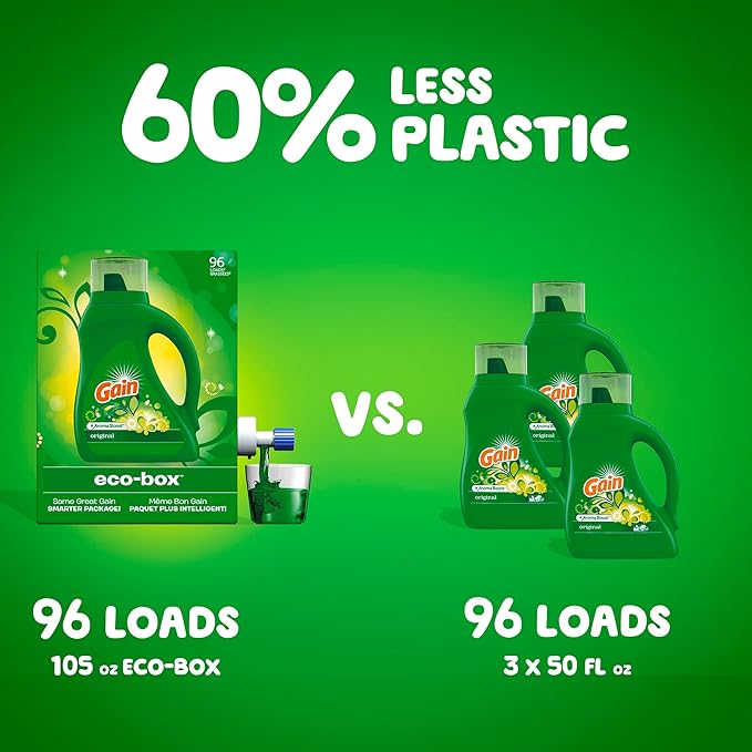 Gain Laundry Detergent Liquid Soap Eco-Box, Ultra Concentrated High Efficiency (HE), Original Scent, 96 Loads