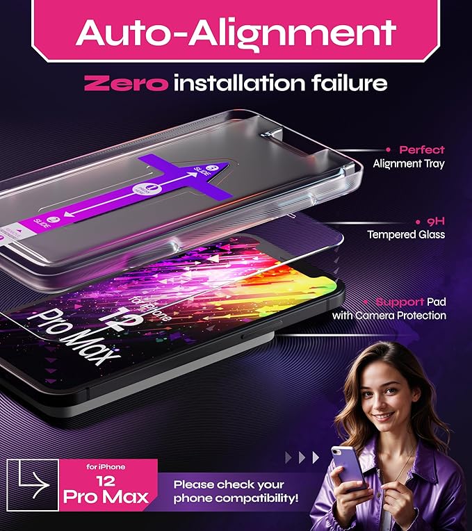 Defenslim Screen Protector for iPhone 12 Pro Max (2Pack), Easy Auto-Align Install Kit, 6.7" Tempered Glass, 9H Hardness, Ultra HD Clear, Case Friendly, EasyShield