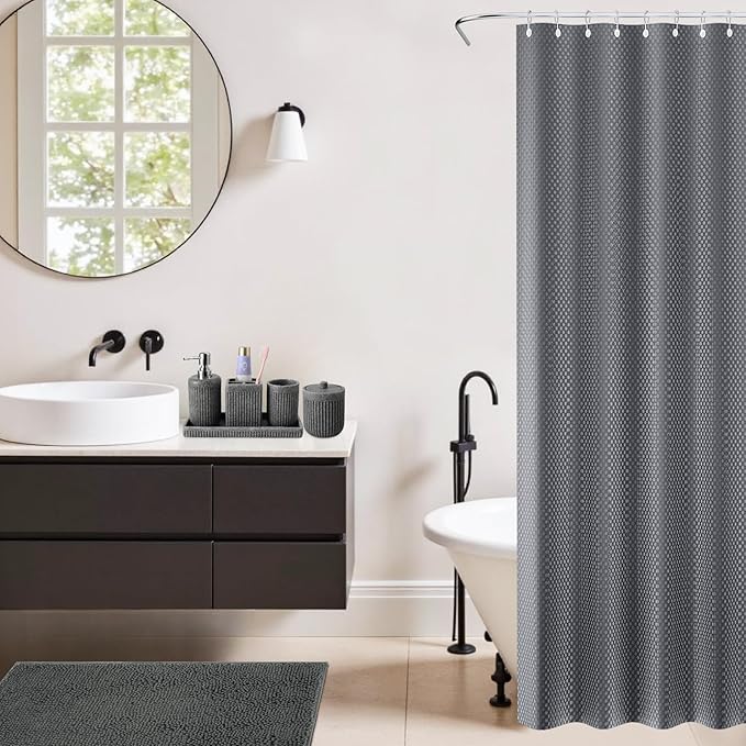 8-Piece Grey Bathroom Set - Resin Bathroom Accessories Sets Complete with Shower Curtain and Rugs, Soap Dispenser, Toothbrush Holder, Tumbler & Apothecary Jars
