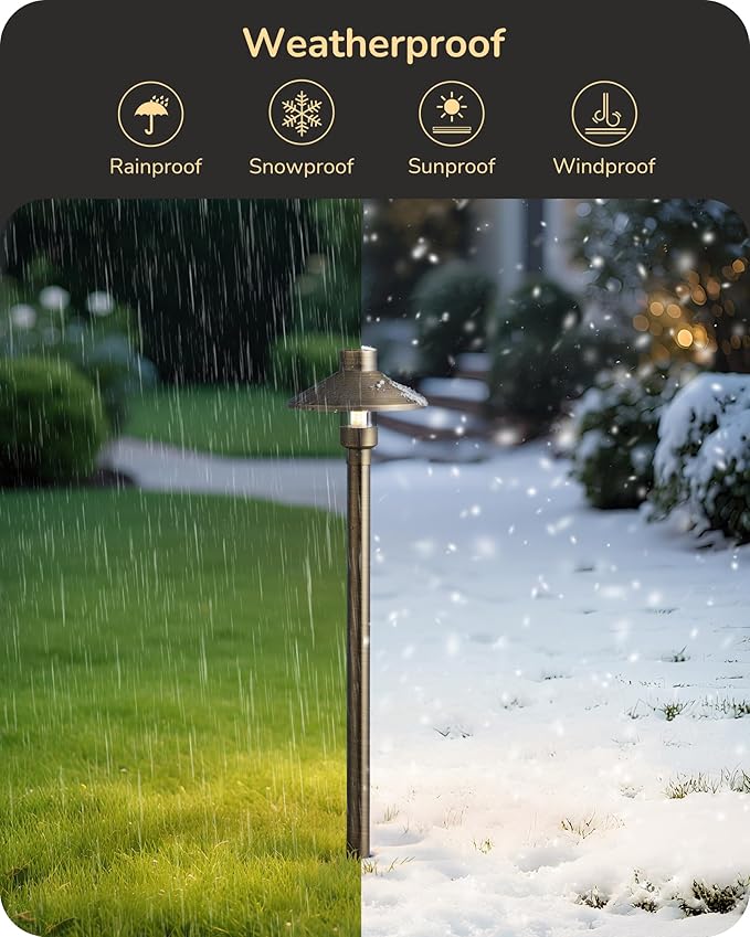 EDISHINE Solid Brass Low Voltage Pathway Lights Wired, 22" Tall 6" Shade with G4 Bulb, 12V 350LM 3000K Heavy Duty LED Landscape Lighting, Waterproof Outdoor Landscape Path Light with Large Stake 4Pack