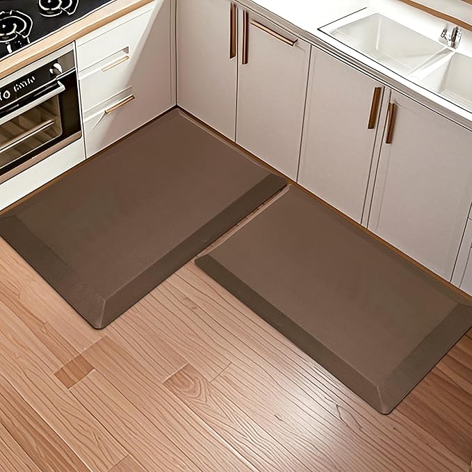 2 PCS Anti Fatigue Kitchen Mats for Floor, Brown 9/10 Extra Thick Cushioned Standing Desk Mat, Comfort Memory Foam Ergonomic Rugs and Mats Non-Slip Waterproof for Office, Kitchen, 20"x32"+20"x32"