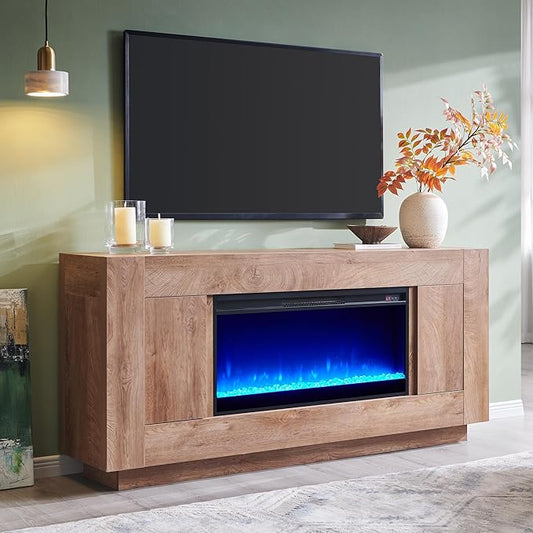 OKD Modern 70" Fireplace TV Stand with 36" Electric Fireplace, Entertainment Center for TVs Up to 80", Media Console with Side Cabinets, Thick Wood Design for Living Room, Light Knotty Oak