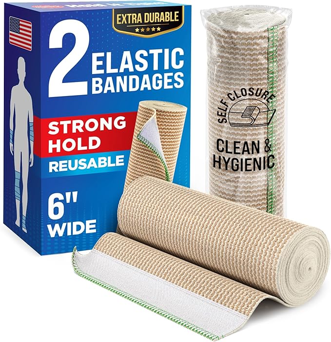 Premium Elastic Bandage Wrap - 6” (2pk) - Strong Compression - Self-Closing Reusable Bandages for Legs, Knee, Abdomen, Lymphedema - Body Wrap