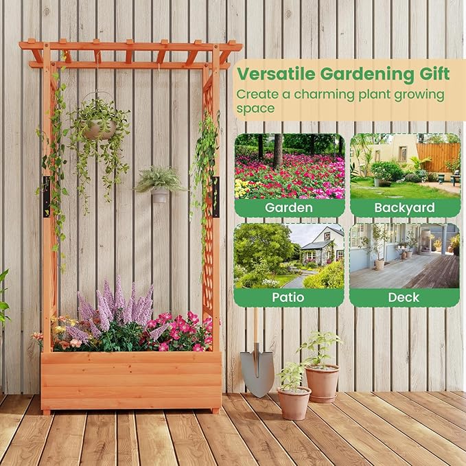 MAT EXPERT Raised Garden Bed with Trellis & Hanging Roof, Lattice Panel with Drainage Hole for Flower, Climbing Plant, Herb, Planter Box for Garden, Patio, Yard (1, 43.5" x 17.5" x 72" (L x W x H))