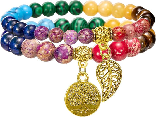 Bivei Natural Semi Precious Gemstone beads bracelet for women - Life Tree and Leaf Charm Energy Reiki Crystal Stretch Bracelets