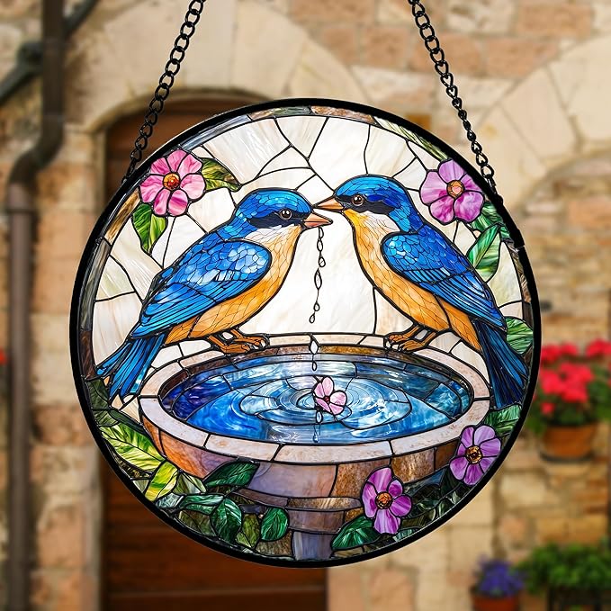 Stained Glass Window Hanging, 2 Blue Birds Suncatcher Diamond Glass Panel Hangings Bird Lover Sun Catchers Decor for Birthday for Women, Men, Wife, Aunt, and Mom 11.8x11.8 in